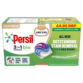 Persil 3 in 1 Bio Washing Capsules, 15 washes (316.5g), deliver powerful stain removal even in cold water, come in a plastic-free box, and are priced at £4.95 RRP—an eco-friendly laundry solution for every home.